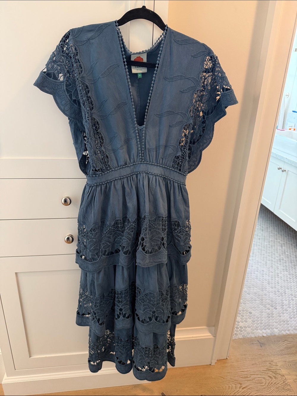 FARM Rio Blue Tiered Lace Midi Dress
